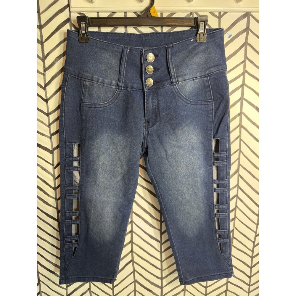 NWOT AQ Jeans Dark Blue Open Scrappy Panels Capri Jeans Juniors Women’s 7 6016